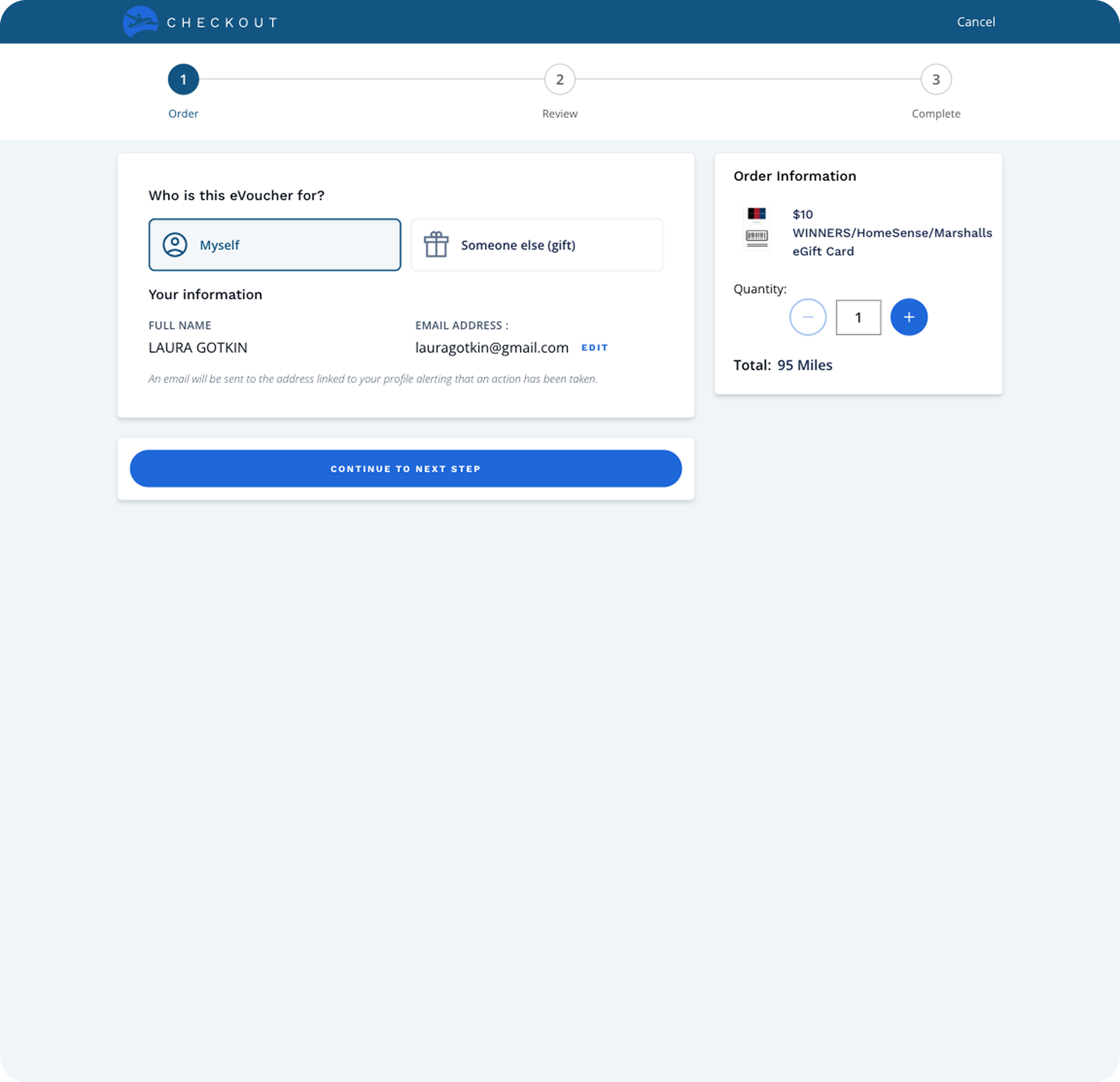 Original gift card checkout step 1